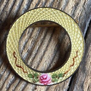 Vintage Guilloche Enamel Round Pin Brooch with Rose